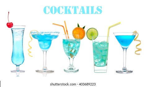 Set of alcohol cocktails Blue Hawaiian, Martini, Cosmopolitan, Mojito tropical cocktail drinks with alcohol vodka isolated on a white background