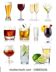 Set of alcohol drinks in glasses isolated on white background