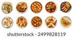 Set of all Indian Desi foods, top view. Asian cuisines set, top view. All Indian traditional Foods collection. Paneer curry, samosa, kofta, omelet, chole bhature, garlic naan, chole, fried rolls. 