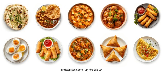 Set of all Indian Desi foods, top view. Asian cuisines set, top view. All Indian traditional Foods collection. Paneer curry, samosa, kofta, omelet, chole bhature, garlic naan, chole, fried rolls.  - Powered by Shutterstock