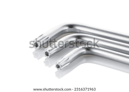 A set of allen star key, star hex key isolated on white background, steel carbon hand tool, chrome wrench . Tool for mechanic.