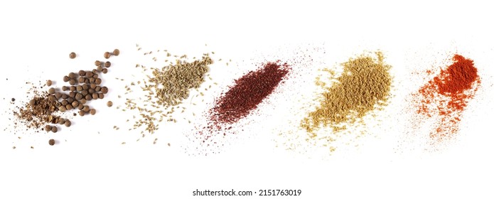 Set allspice, anise seeds spice (Pimpinella anisum), ground sumac spice, Tikka masala  powder mix and red paprika isolated on white, top view  - Powered by Shutterstock