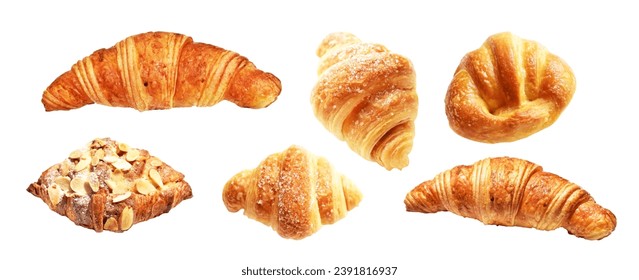 A set of almond croissant and cheese croissants isolated in white background with clipping path, no shadow, homemade dessert bakery pastry