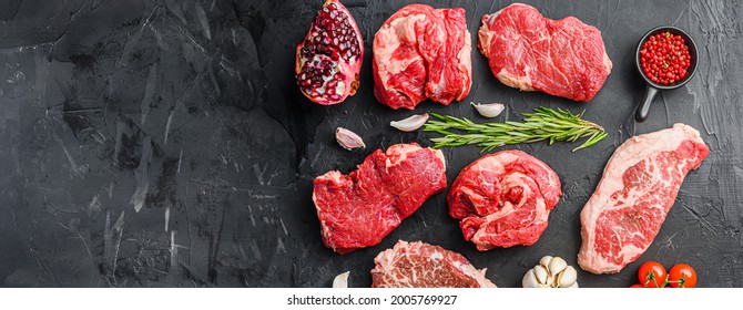 Set of  alternative steaks picanha, ramp and chuck eye roll and top blade over black background top view. Big size space for text. - Powered by Shutterstock