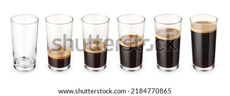 Set of americano Coffee in a transparent glasses isolated on a white background. Filling concept.