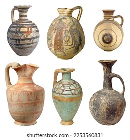 Set of ancient terracotta jugs isolated on white background, old clay vase cutouts - Shutterstock ID 2253560831
