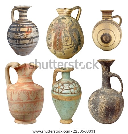 Set of ancient terracotta jugs isolated on white background, old clay vase cutouts