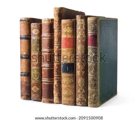 Set of antique books isolated on a white background. Very old book covers. Clipping path included.