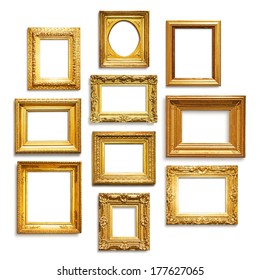 Set of antique golden frames on white background