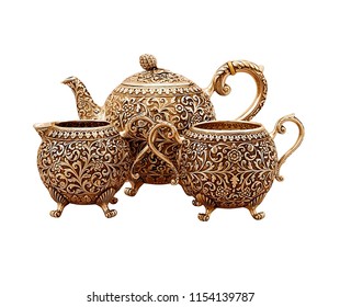 set of antique teapot isolated on white background, golden teapot set, metal kettle set