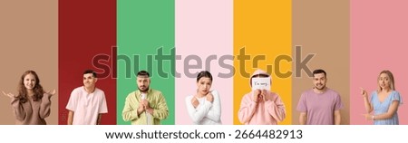Set of apologizing and embarrassed people on color background