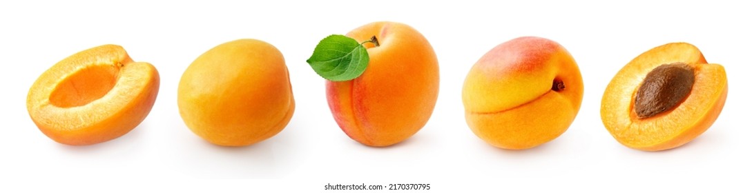 Set of apricot with half of apricot and apricot kernel isolated on white background. - Shutterstock ID 2170370795