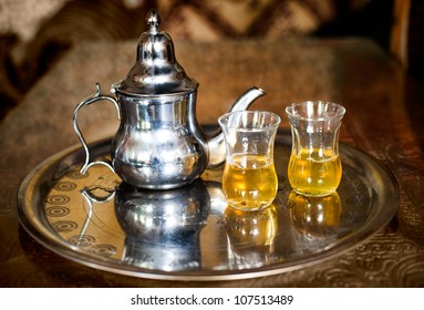 Set Of Arabic Nana Mint Tea With Metal Tea Pot And Glasses