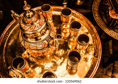 Set Of Arabic Nana Mint Tea With Metal Tea Pot And Glasses