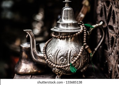 Set Of Arabic Nana Mint Tea With Metal Tea Pot And Glasses