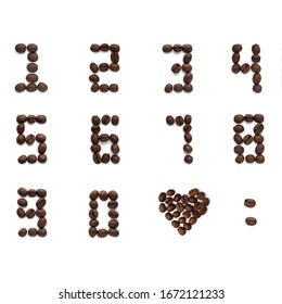 Set Of Arabic Numbers 0-9 From Natural Roasted Coffee Beans, Digits Shaped  From Coffee Beans Like Digits In A Digital Watch, Collage Digits From Coffee And Heart, Isolated On White 