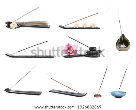 Set with aromatic incense sticks on white background 