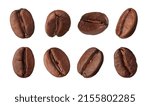 Set with aromatic roasted coffee beans on white background