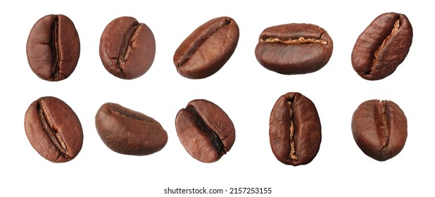 Set with aromatic roasted coffee beans on white background. Banner design