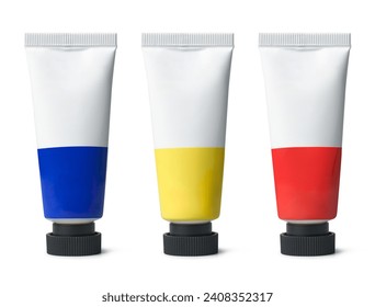 set of artist's paint tubes with black cap isolated on white background, art supplies of primary colors blue, yellow and red, mock-up template of oil or acrylic or watercolor paint - Powered by Shutterstock