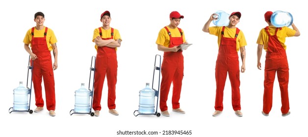 Set Of Asian Courier Of Water Delivery Service On White Background