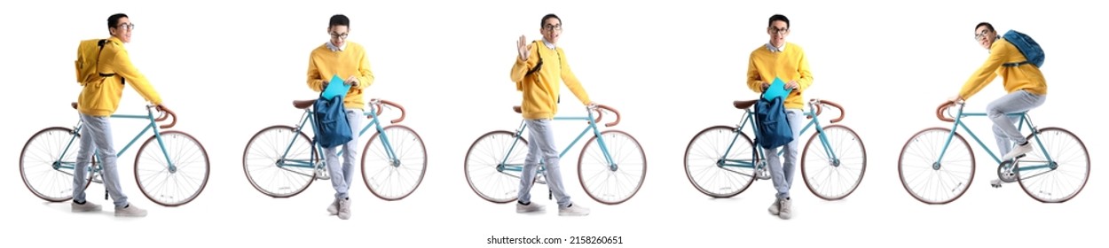 Set Of Asian Student With Bicycle And Backpack On White Background