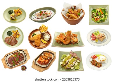 Set Of Assorted Asian Food And Thai Food Isolated On White Background.