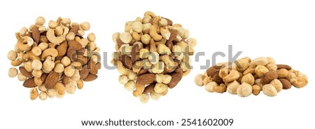 set of assorted nuts. Cashew, migdal and hazelnut. Isolated from background