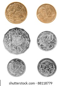 Set of Australian coin currency money, including 5, 10, 20 and 50 cent coins, plus 1 and 2 dollars, isolated on white