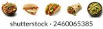 Set of authentic Mexican food, nachos, quesadilla, tacos, burrito and guacamole isolated on white background.