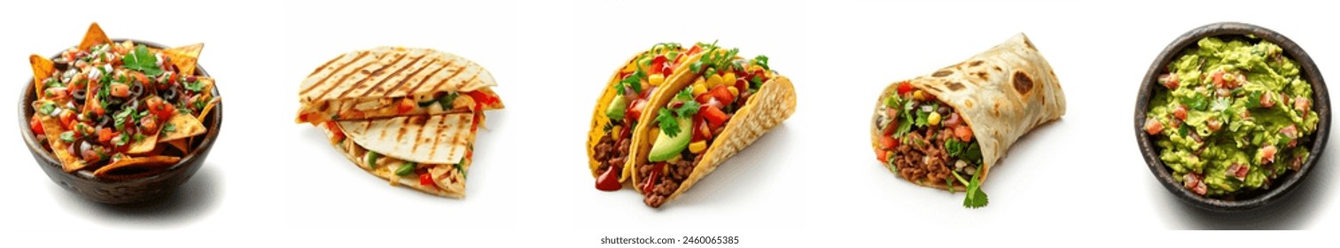 Set of authentic Mexican food, nachos, quesadilla, tacos, burrito and guacamole isolated on white background. - Powered by Shutterstock