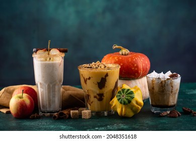 Set Of Autumn Cocktail. Pumpkin Pie Smoothie, Apple Pie And Pecan With Caramel Drink