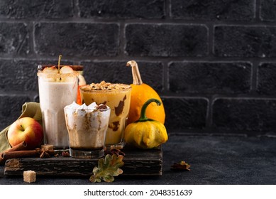 Set Of Autumn Cocktail. Pumpkin Pie Smoothie, Apple Pie And Pecan With Caramel Drink