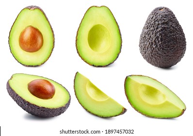 Set of avocado isolated on a white background. Avocado stack full depth of field macro shot. Avocado with clipping path