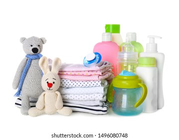 Set of baby accessories on white background - Shutterstock ID 1496080748