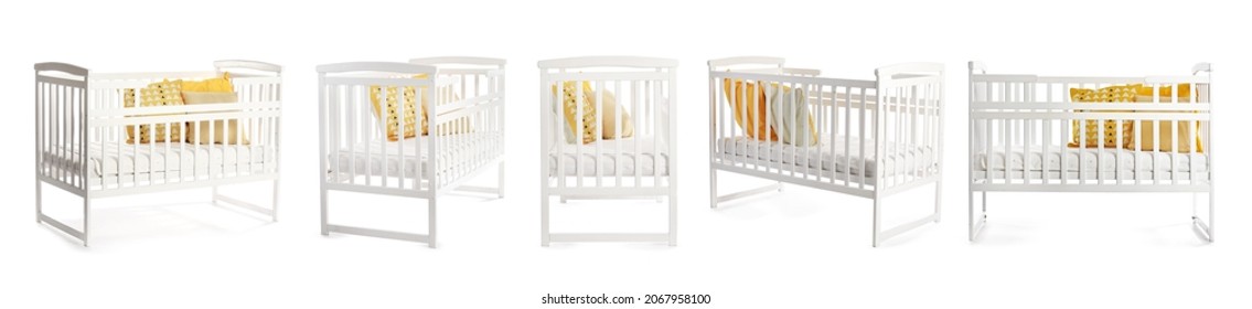 Set of baby crib isolated on white, view from different angles - Shutterstock ID 2067958100