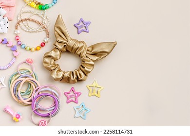 Set of baby girl hair accessories. Fashion hair bows, hair clips, hairpins and hair elastics.  Hairstyles for girls with stylish accessory.  - Shutterstock ID 2258114731