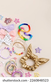 Set of baby girl hair accessories. Fashion hair bows, hair clips, hairpins and hair elastics.  Hairstyles for girls with stylish accessory.  - Shutterstock ID 2260848523