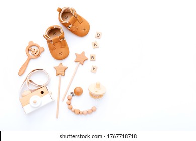 Set Of Baby Stuff And Accessories On White Background. Baby Shower Concept. Fashion Newborn. Flat Lay, Top View