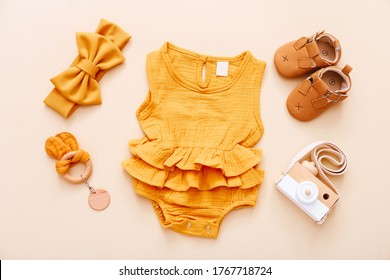 Set Of Baby Stuff And Accessories On Light Background. Baby Shower Concept. Fashion Newborn. Flat Lay, Top View