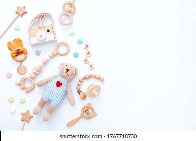 Set of baby stuff and accessories on white background. Baby shower concept. Fashion newborn. Flat lay, top view