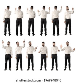 Set of back and front view of business man doing various touch screen interaction gestures. Full body isolated on white background.  - Powered by Shutterstock