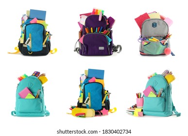 Set of backpacks with bright school stationery on white background  - Shutterstock ID 1830402734
