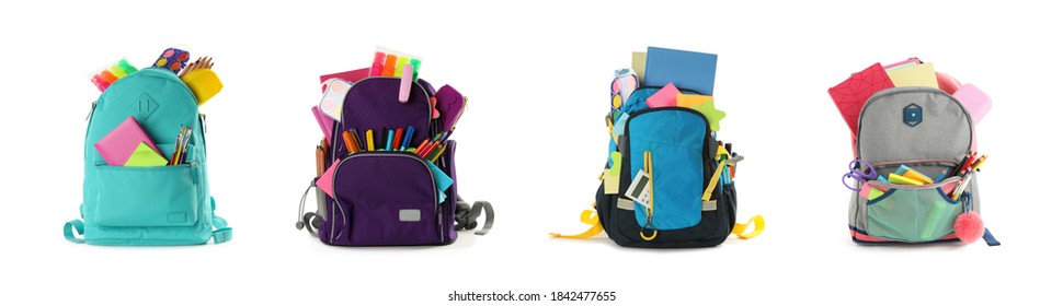 Set of backpacks with bright school stationery on white background, banner design - Powered by Shutterstock