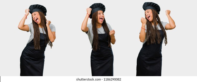 Set Or Lot Of Baker Young Black Woman Very Happy And Excited, Raising Arms, Celebrating A Victory Or Success, Winning The Lottery