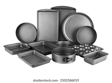 Set of Bakeware white background

Kitchen utensil or bakeware list among others are; cookie pan, muffin pan, oblong cake, round cake, muffin, biscuit, lasagna, cooling rack, springform cake.