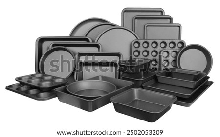 Set of Bakeware white background

Kitchen utensil or bakeware list among others are; cookie pan, oblong cake, round cake, muffin, biscuit, lasagna, cooling rack.
