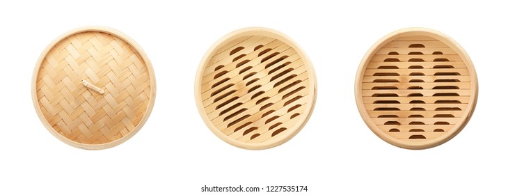 Set With Bamboo Steamer On White Background, Top View