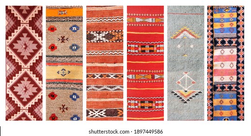 Set Of Banners With Textures Of Berber Traditional Wool Carpet With Geometric Pattern, Morocco, Africa