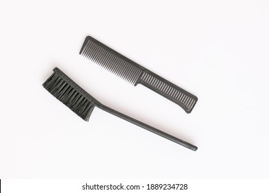 Set Barber Tools Flat Comb Hair, Brushes On White Background